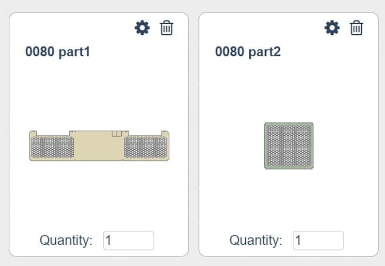 May include: Two product images on a white background. The first image shows a beige rectangular part with mesh detailing. The second image displays a square, mesh-covered part in a light green hue. Both images have the text "0080 part1" and "0080 part2" respectively.