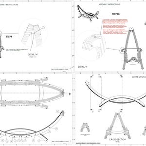 May include: Detailed assembly instructions for a curved hammock stand, presented in a blueprint style. The diagrams show various steps, cross-sections, and close-ups of the stand's components, with labels and measurements for construction.