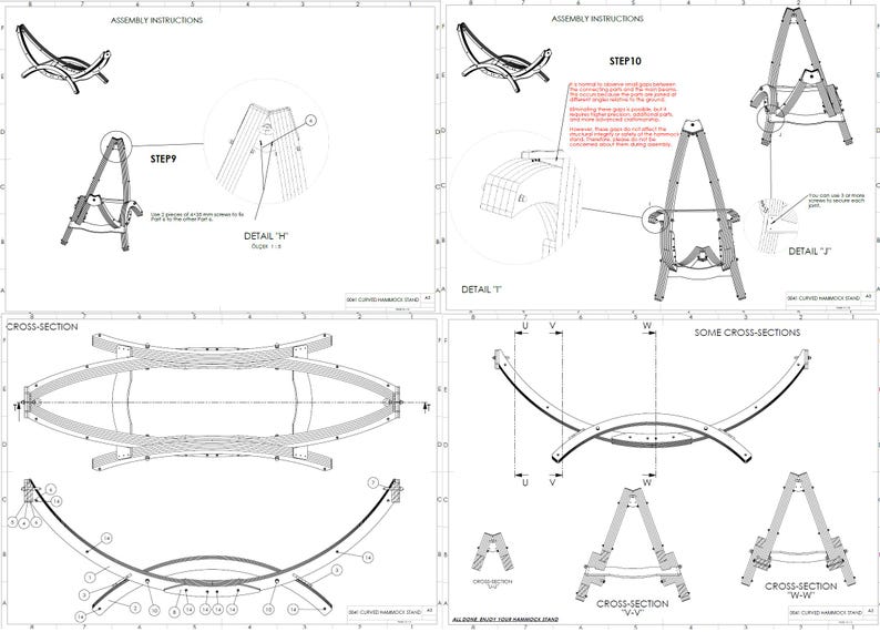 May include: Detailed assembly instructions for a curved hammock stand, presented in a blueprint style. The diagrams show various steps, cross-sections, and close-ups of the stand's components, with labels and measurements for construction.