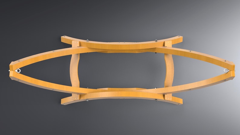 May include: A wooden hammock stand with a curved, oval design. The stand is made of light-colored wood and features curved supports and connecting pieces. Metal hardware is visible at the ends of the oval frame. The stand is designed to hold a hammock.
