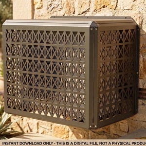May include: A dark brown metal air conditioner cover featuring a geometric lattice pattern with repeating X-shaped cutouts. The digital file includes PDF blueprints and DXF cut files for fabrication. Text on the image reads DIGITAL DOWNLOAD.
