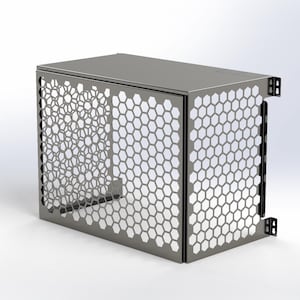 May include: A rectangular metal enclosure with a perforated honeycomb pattern on the sides. The top is solid, and the overall color is a matte gray. The design includes small brackets on the sides.