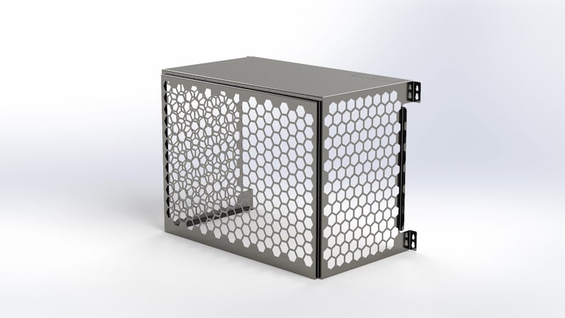 May include: A rectangular metal enclosure with a perforated honeycomb pattern on the sides. The top is solid, and the overall color is a matte gray. The design includes small brackets on the sides.