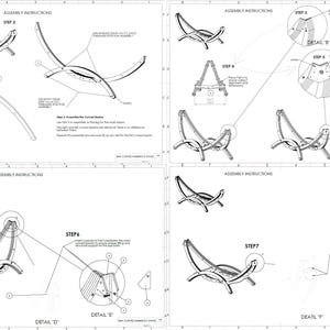May include: Assembly instructions for a curved hammock stand, presented in a series of diagrams. The illustrations show the steps for assembling the stand, including the curved beams and support structures. The diagrams are labeled with steps and details.