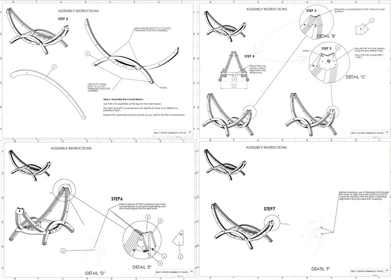May include: Assembly instructions for a curved hammock stand, presented in a series of diagrams. The illustrations show the steps for assembling the stand, including the curved beams and support structures. The diagrams are labeled with steps and details.