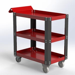 Puede incluir: Un carro utilitario rojo y negro con tres estantes y cuatro ruedas. El carro tiene un asa en el estante superior y está diseñado para el almacenamiento y transporte de herramientas y equipos. El carro es de metal.