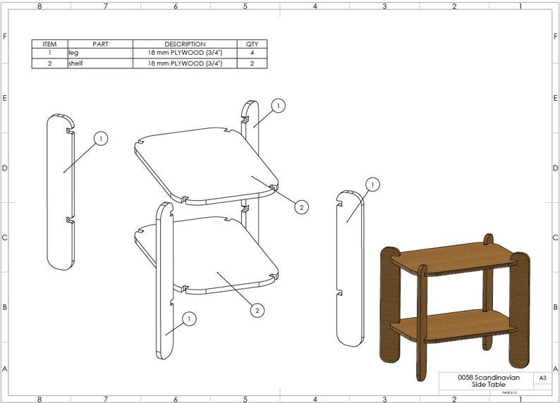 Side Table Explode View Scandinavian Side Table CNC Cut DXF File for 18mm 23/32