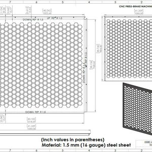 May include: Technical drawing of a perforated steel sheet, with dimensions in inches. The sheet features a honeycomb pattern and is labeled as an AC cover, size XXL. Material is 1.5 mm (16 gauge) steel.
