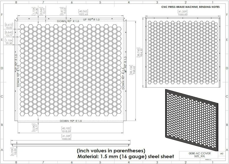 May include: Technical drawing of a perforated steel sheet, with dimensions in inches. The sheet features a honeycomb pattern and is labeled as an AC cover, size XXL. Material is 1.5 mm (16 gauge) steel.