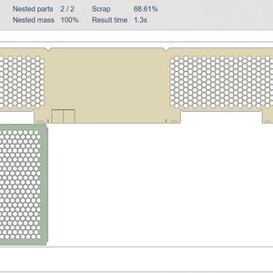 May include: A technical drawing showing two perforated rectangular shapes in beige and green, with a white background. The drawing includes text indicating sheet count, area, nested parts, mass, and a scrap percentage.