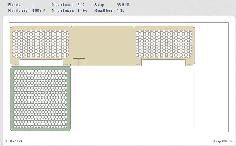 May include: A technical drawing showing two perforated rectangular shapes in beige and green, with a white background. The drawing includes text indicating sheet count, area, nested parts, mass, and a scrap percentage.