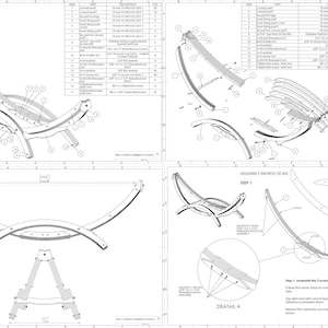 May include: Detailed technical drawings of a curved hammock chair, including a material list, exploded view, assembly instructions, and dimensions. The diagrams are in black and white, with labels and measurements.