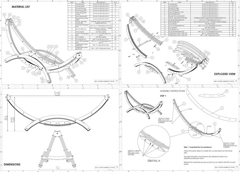 May include: Detailed technical drawings of a curved hammock chair, including a material list, exploded view, assembly instructions, and dimensions. The diagrams are in black and white, with labels and measurements.