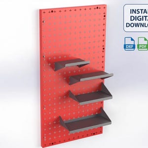 May include: A red rectangular pegboard panel featuring a grid of cross-shaped cutouts and four attached dark gray shelves. The image includes text stating INSTANT DIGITAL DOWNLOAD with icons for DXF, PDF, and STEP file formats for this design.