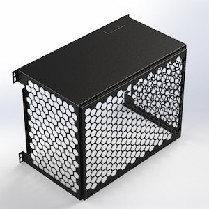 May include: A black metal enclosure with a rectangular shape. The sides feature a honeycomb pattern, and the top is solid. The enclosure has a modern, industrial design, suitable for various applications.