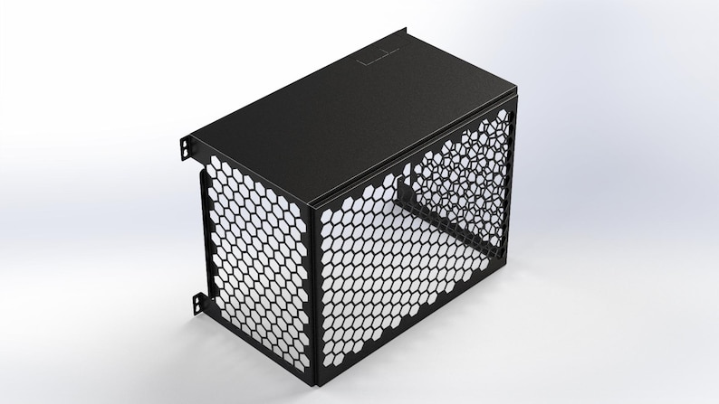 May include: A black metal enclosure with a rectangular shape. The sides feature a honeycomb pattern, and the top is solid. The enclosure has a modern, industrial design, suitable for various applications.