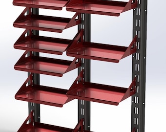 May include: A wall-mounted storage unit featuring three vertical black metal support rails and ten horizontal red metal shelves. Each shelf is angled slightly upward with side supports, arranged in two columns of five shelves each for organization.