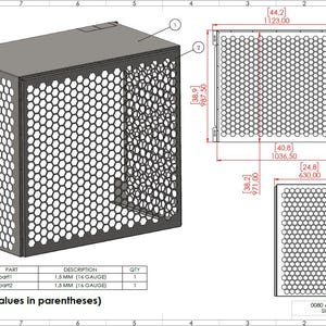 May include: A gray metal AC cover with a honeycomb pattern, featuring dimensions in inches. The design includes a top, sides, and a front panel with a grid of hexagonal holes. The image also includes technical drawings with measurements.