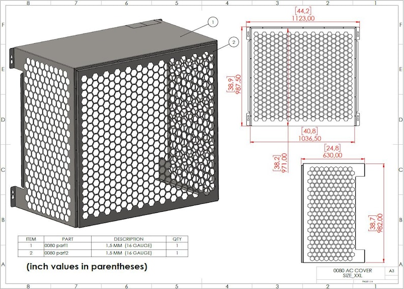 May include: A gray metal AC cover with a honeycomb pattern, featuring dimensions in inches. The design includes a top, sides, and a front panel with a grid of hexagonal holes. The image also includes technical drawings with measurements.