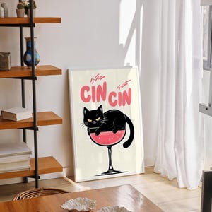 Cin Cinポスター、面白い猫のプリント、乾杯のプリント、キッチンプリント、猫のポスター、バーカートのウォールアート、カクテルプリント、キッチンポスター、猫のワインポスター