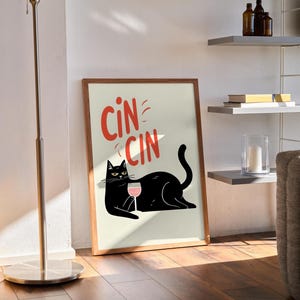 Cin Cin ポスター、猫のプリント、レトロなワインのプリント、乾杯のポスター、バーカートアート、猫のプリントポスター、面白いドリンクポスター、キッチンの壁アート、猫好き