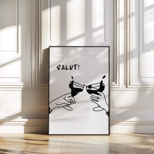 Salutプリント、ミニマリストバーアートプリント、白黒バーカートアート、レトロヴィンテージドリンクラインアート、印刷可能なウォールアートデコレーション、デジタルダウンロード
