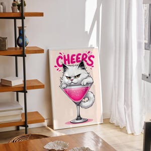 Modny nadruk Cheers, plakat Cin Cin, nadruk kuchenny, plakat z kotem, dekoracja ścienna wózka barowego, sztuka ścienna Cin Cin, nadruk koktajlowy, modny plakat z alkoholem