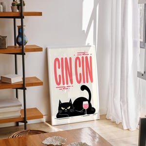 Plakat Cin Cin, modny nadruk Cheers, nadruk kuchenny, plakat z kotem, dekoracja ścienna wózka barowego, sztuka ścienna Cin Cin, nadruk koktajlowy, modny plakat z alkoholem