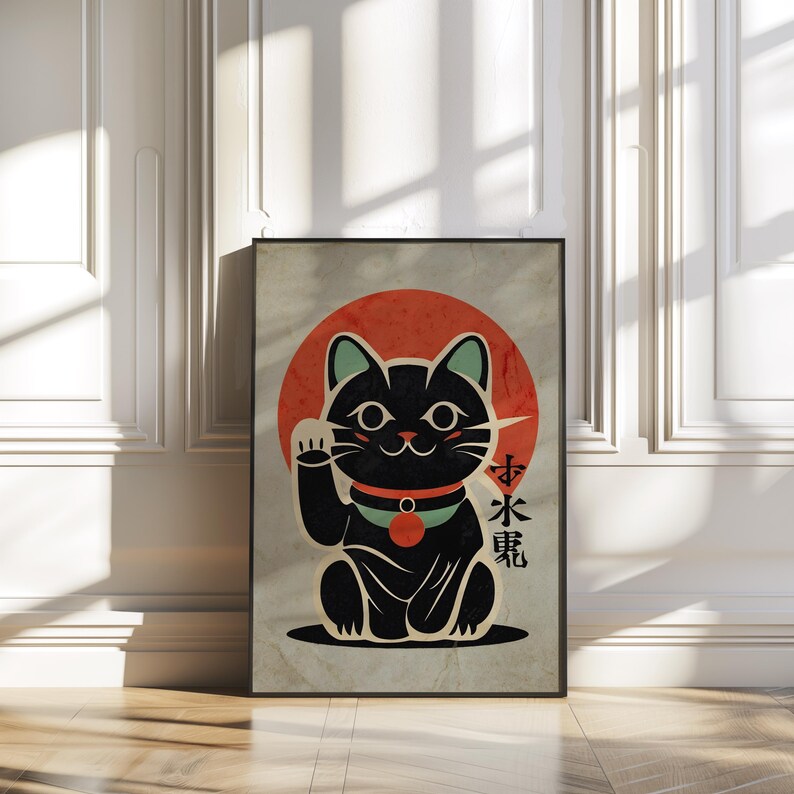 Maneki Neko Black Cat Print Japandi Wall Art Funny Cat Poster Japanese ...
