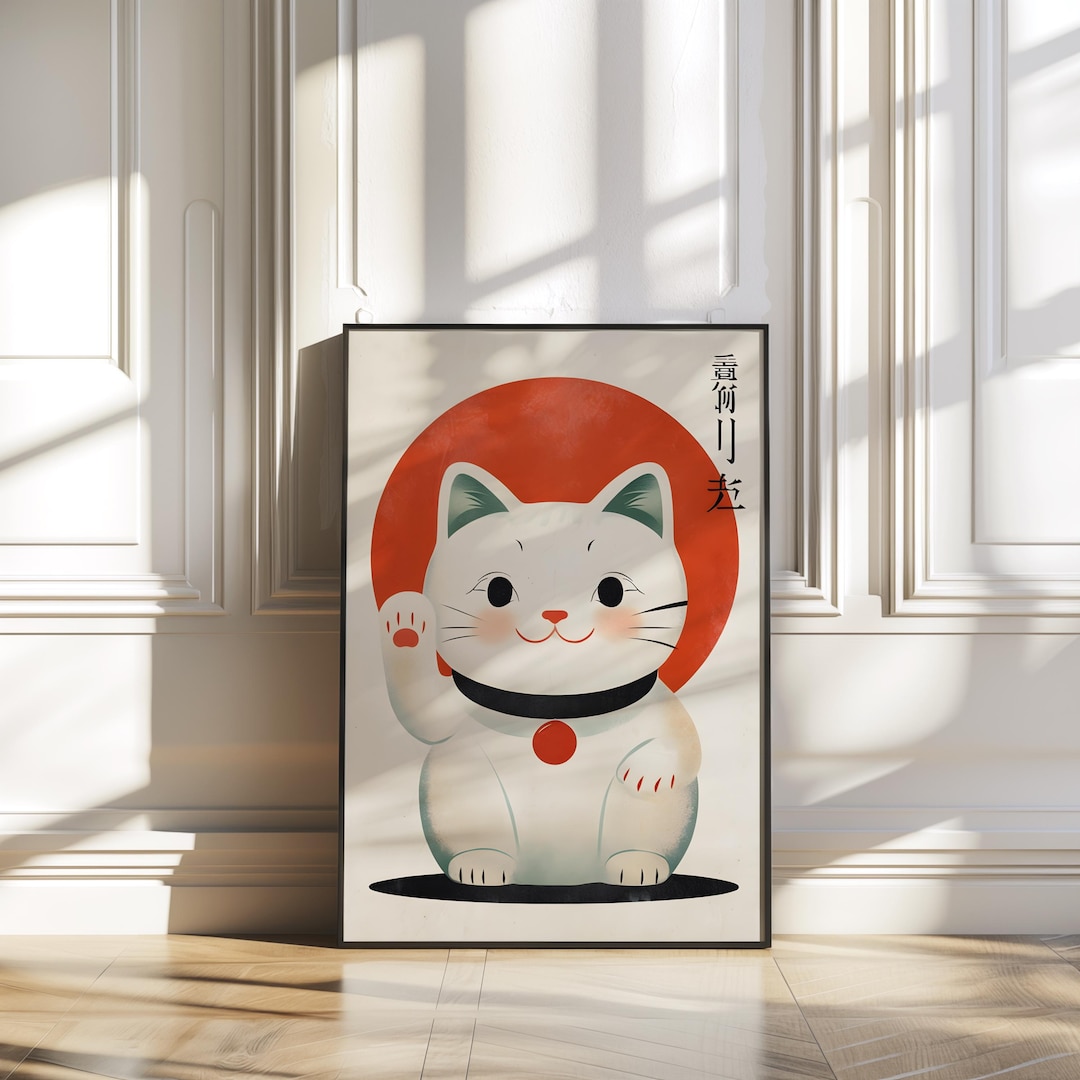 Maneki Neko White Cat Print Japandi Wall Art Funny Cat Poster Japanese ...