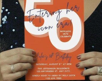 Erwachsenen-Geburtstags-Party Einladung Eingeben ihrer Ikone Ära Meilenstein 50. Party-Einladung Helle, kräftige Farbe Canva anpassbar Sofort-Download