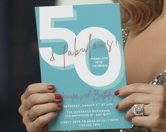 Erwachsenen Geburtstag einladen Meilenstein 50 & Fabelhafte Geburtstagsfeier-Einladung Helle kräftige Farbe Canva anpassbare Vorlage Sofortiger Download