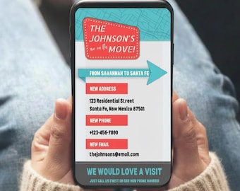 Umzugsanzeige Digitale Vorlage Retro Umzug Ankündigung Bearbeitbar Adressänderung Karte Benutzerdefinierte Canva Ankündigung des neuen Zuhauses