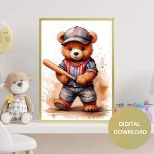 Teddy Bear Baseball Sports Wall Art | Baby Shower Gift for Boy | Sports Nursery Decor | Watercolor Prints | Instant Download