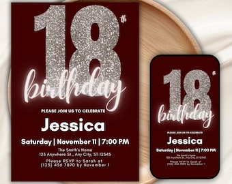 Bold 18. Geburtstagseinladung Vorlage Glitter Anzahl Maroon Lädt ein Elegante Partykarte & Handy einladen Canva Bearbeitbar Sofort-Download
