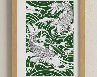 Koi Fisch Japanische Wandkunst Grün Asiatischer Fisch Druckdekor Minimalistische Koi Illustration Modernes Zen inspiriertes Kunstwerk | Sofort Download