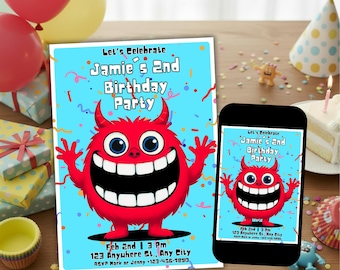 Bearbeitbare Monster-Geburtstagseinladung Kinder-Monsterparty laden Bunte Cartoon-Geburtstagsfeier Anpassbare Canva-Vorlage ein