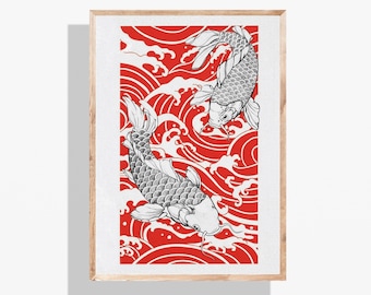 Roter Koi Fisch Wand Kunst Japanischer Stil Koi Illustration Minimalistische asiatisch inspirierte Kunstwerk Moderne rote und weiße Fische Kunstdruck Sofort Download
