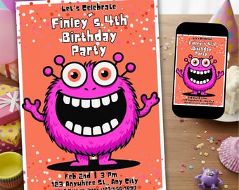 Cartoon Monster Geburtstagseinladung Kindergeburtstagsfeier bearbeitbare Canva Vorlage