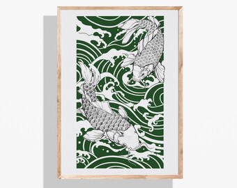 Grüner Koi Fisch Japanische Wandkunst Asiatischer Fisch Druckdekor Minimalistische Koi Illustration Modernes Zen inspiriertes Kunstwerk Sofort Download