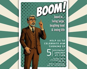 Retro-Geburtstags-Party Einladung, Pop-Art-Meilenstein-Feier einladen, Pop-Art-Karte, bearbeitbare Canva Vorlage, Sofort-Download