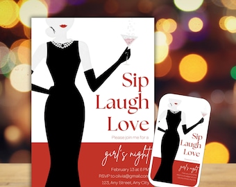 Girls 'Night Einladungsvorlage - Galantines Party einladen, elegantes Cocktail-Thema, schwarzes Kleid Ladies Night druckbar, Canva bearbeitbar