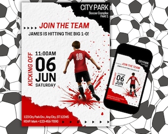 Bearbeitbare Jungen Fußball Geburtstagseinladung Vorlage Fußball einladen Kinder Fußball Party Canva Anpassbare Sofort Download