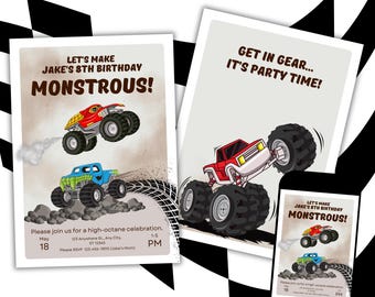 Monster-Truck-Einladung bearbeitbare Monster-Truck-Geburtstags-Einladung für Jungen-Trucks Geburtstag einladen Canva Vorlage Sofort-Download