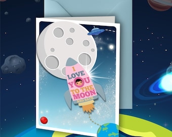 Liebe dich zum Mond und zurück Karte, Mutter- und Vatertag, Geburtstag, Valentinstag, Weltraum-Thema, männlicher Astronaut, Kinderkarte