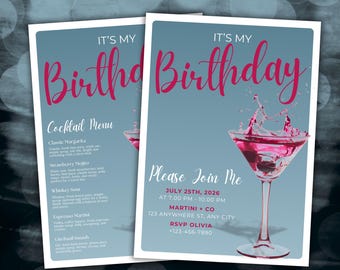 Cocktail-Geburtstagseinladung & Menükarten-Bundle, Geburtstagseinladung für Erwachsene und Getränkekarte, Canva bearbeitbare Vorlage