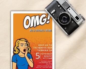 Retro-Geburtstagsfeier-Einladung, Pop Art-Meilenstein-Geburtstagsfeier einladen, Pop-Art-Karte, bearbeitbare Canva-Vorlage, Sofort-Download
