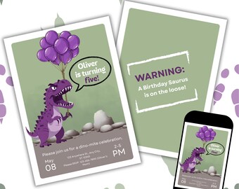 Bearbeitbare Dinosaurier-Geburtstagsfeier-Einladung Warnung Geburtstag Saurus auf dem Losen Spaß Geburtstag einladen Canva Vorlage Sofort-Download