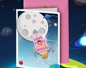 Liebe dich zum Mond und zurück Karte, Jubiläum, Geburtstag, Valentinstag, Weltraum Themen Astronaut, Kinderkarte