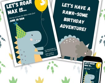 Bearbeitbare Dinosaurier-Geburtstags-Party Einladung T-Rex Dino Kinder einladen Canva Vorlage Sofort-Download